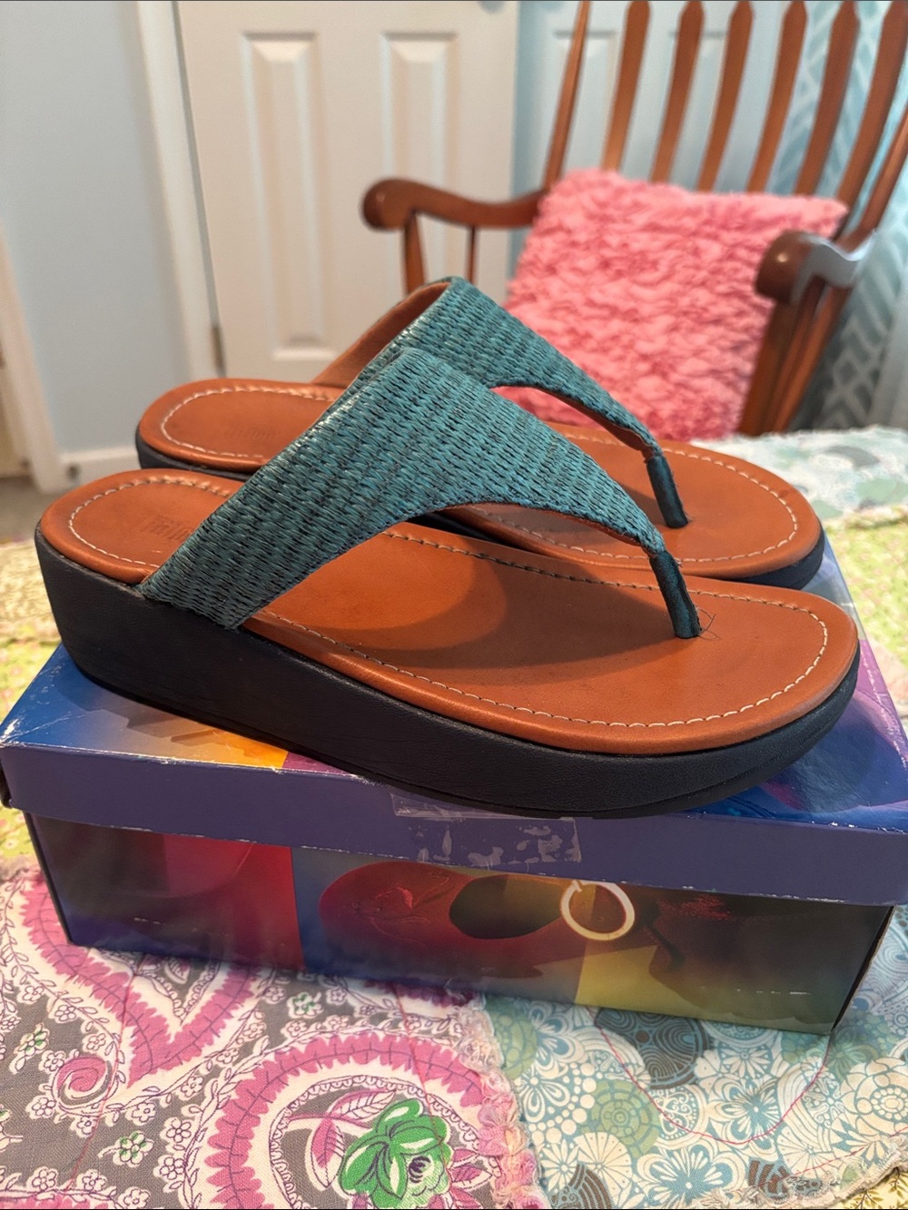 Fitflop Teal Woven Thong Sandals with Brown Footbed